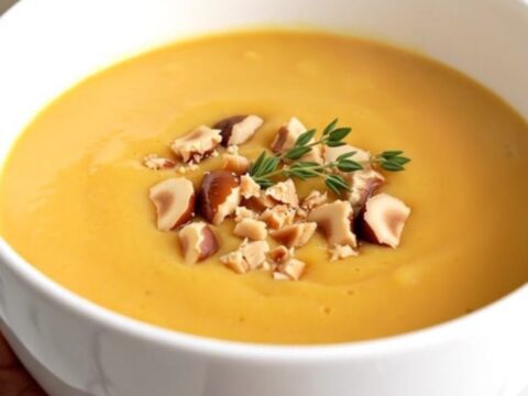 A steaming bowl of smooth golden butternut squash and chestnut velouté garnished with crumbled chestnuts.