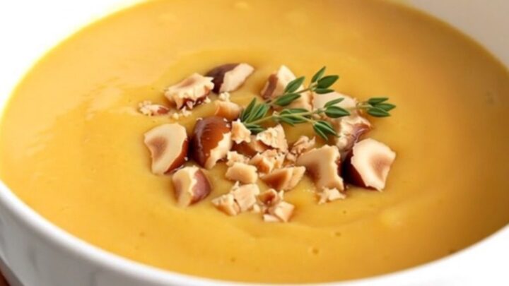 A steaming bowl of smooth golden butternut squash and chestnut velouté garnished with crumbled chestnuts.