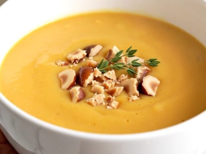 A steaming bowl of smooth golden butternut squash and chestnut velouté garnished with crumbled chestnuts.