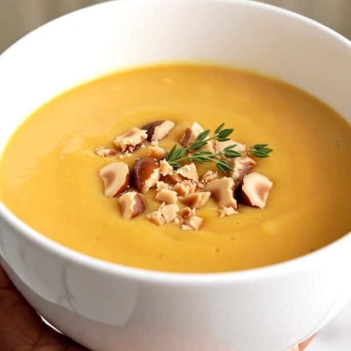 A steaming bowl of smooth golden butternut squash and chestnut velouté garnished with crumbled chestnuts.