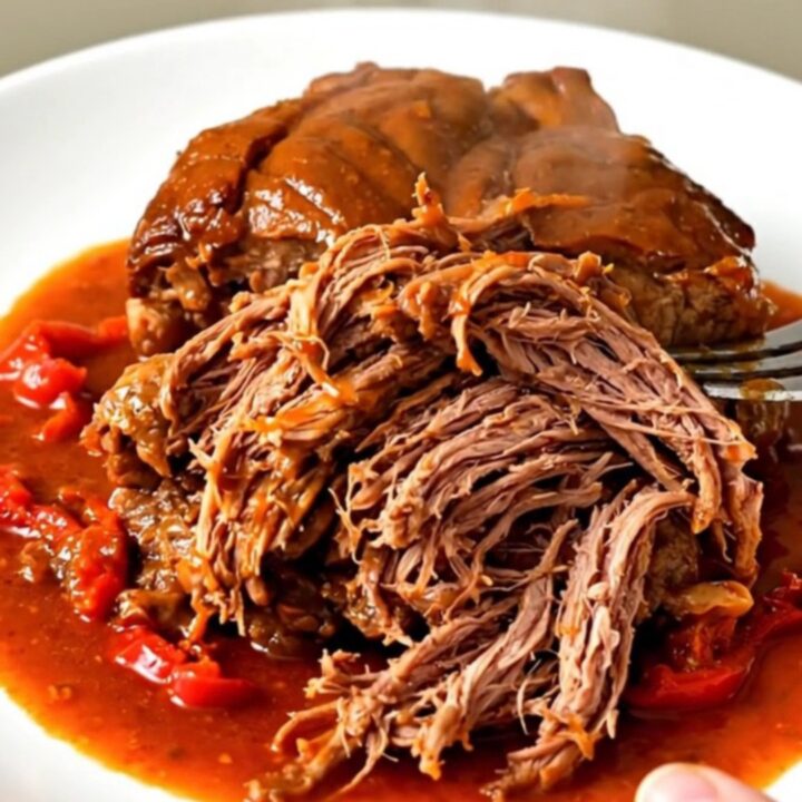 A tender lamb shoulder served on a white plate with rich red pepper sauce.