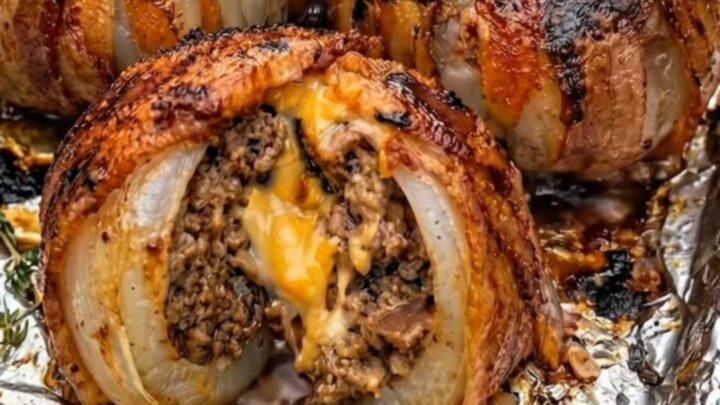 Five golden-brown, bacon-wrapped onion bombs served on a foil-lined baking sheet.