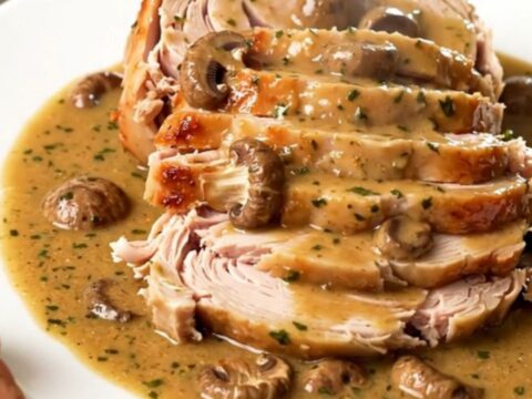 A top-down view of a turkey roast cooking in a black slow cooker with mushrooms and cream.