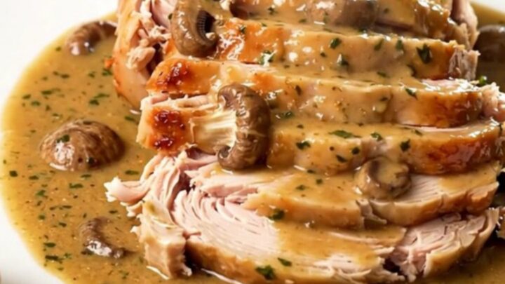 A top-down view of a turkey roast cooking in a black slow cooker with mushrooms and cream.