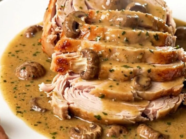 A top-down view of a turkey roast cooking in a black slow cooker with mushrooms and cream.