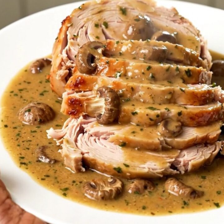 A top-down view of a turkey roast cooking in a black slow cooker with mushrooms and cream.