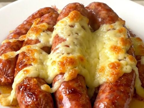 A top-down view of cervelat sausages, onions, and emmental cheese in a slow cooker.