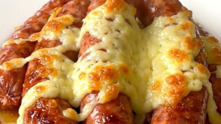 A top-down view of cervelat sausages, onions, and emmental cheese in a slow cooker.