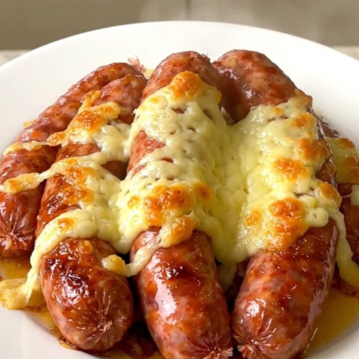 A top-down view of cervelat sausages, onions, and emmental cheese in a slow cooker.