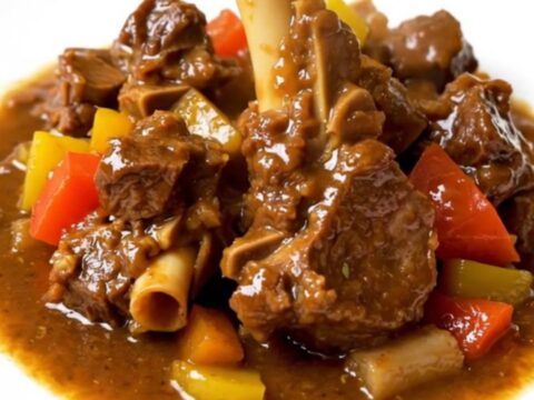 A steaming, glossy lamb stew with bright orange carrot slices in a white bowl.