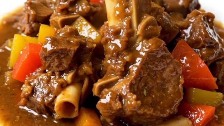A steaming, glossy lamb stew with bright orange carrot slices in a white bowl.