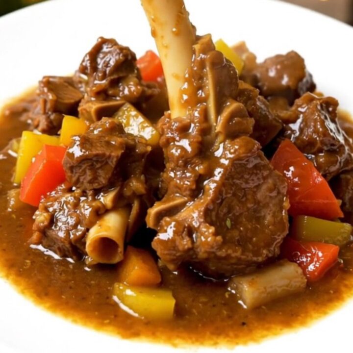 A steaming, glossy lamb stew with bright orange carrot slices in a white bowl.