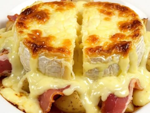 A rustic slow cooker Pela des Aravis with melted Reblochon cheese on top.