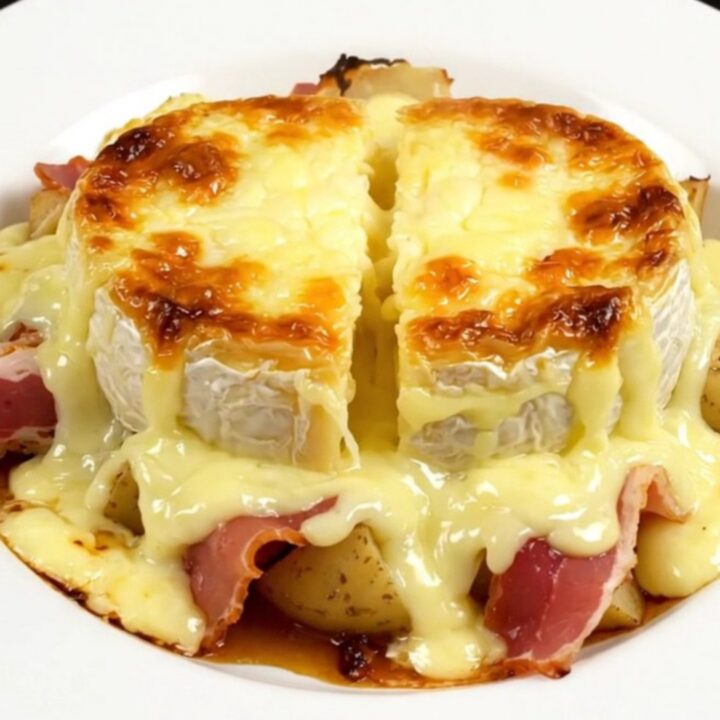 A rustic slow cooker Pela des Aravis with melted Reblochon cheese on top.