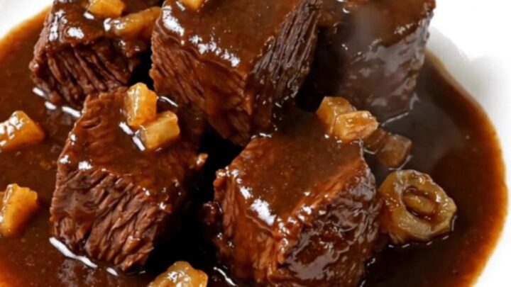 A close-up of a steaming bowl of beef bourguignon with glossy sauce and tender shallots.