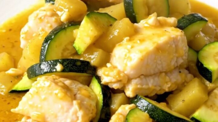 A slow cooker filled with cod fillets, zucchini, and a creamy coconut colombo sauce.