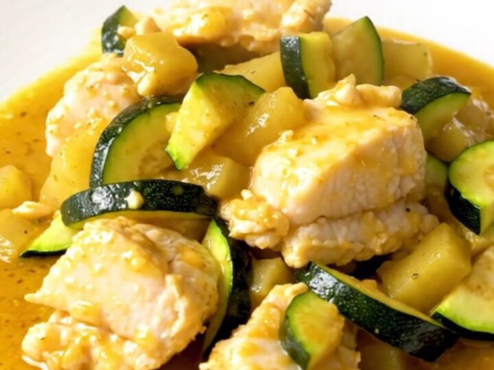 A slow cooker filled with cod fillets, zucchini, and a creamy coconut colombo sauce.