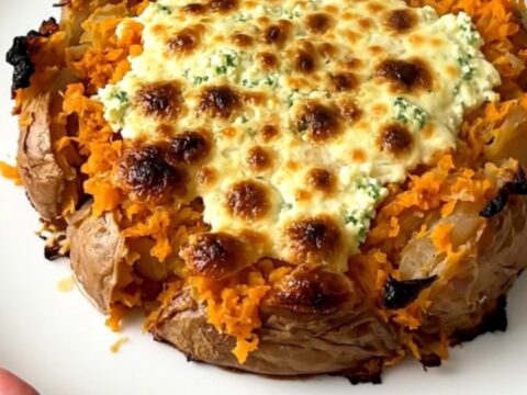 A finished sweet potato gratin in a slow cooker with visible bacon and rosemary.