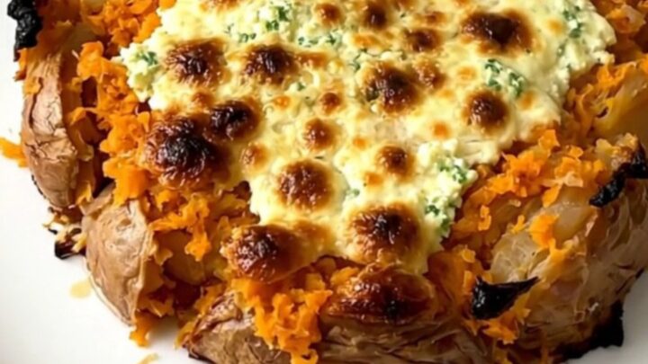 A finished sweet potato gratin in a slow cooker with visible bacon and rosemary.