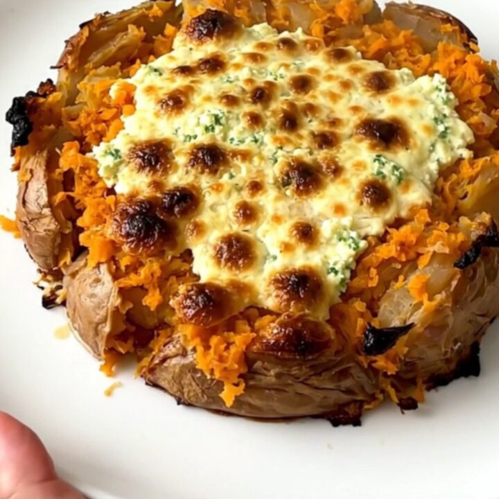 A finished sweet potato gratin in a slow cooker with visible bacon and rosemary.