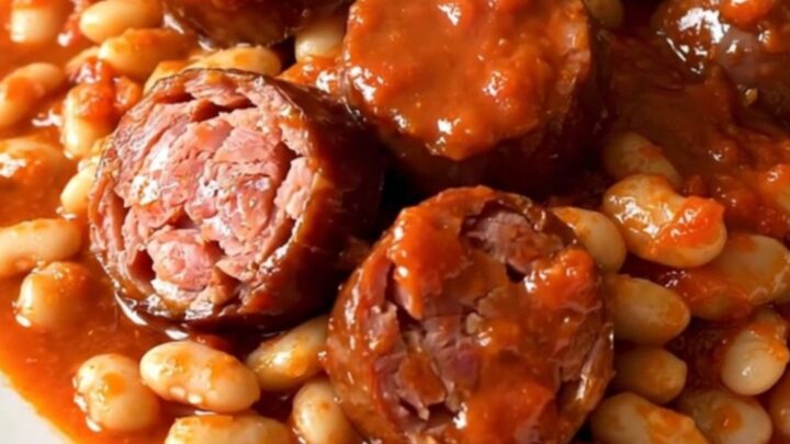A top-down view of smoked sausages and white beans cooking in a tomato sauce inside a slow cooker.