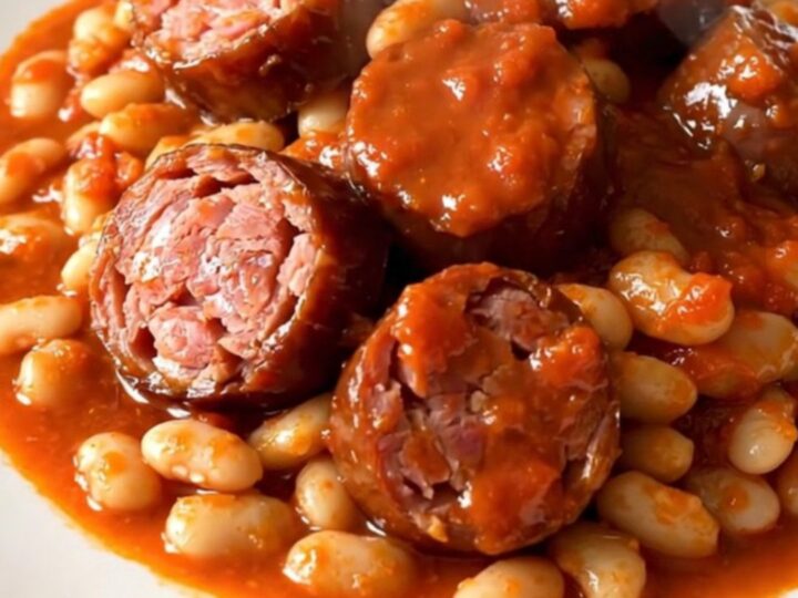 A top-down view of smoked sausages and white beans cooking in a tomato sauce inside a slow cooker.