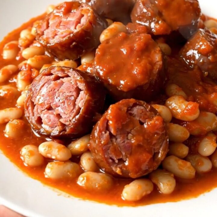 A top-down view of smoked sausages and white beans cooking in a tomato sauce inside a slow cooker.
