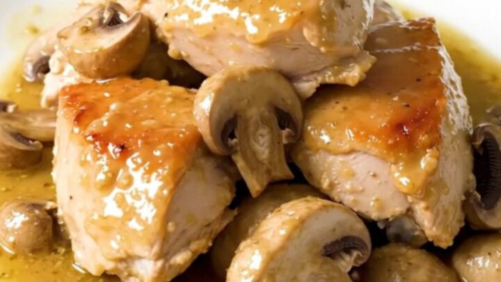 A close-up of the slow-cooked chicken and mushrooms served on a white plate with a glossy white wine sauce.