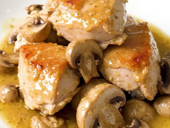 A close-up of the slow-cooked chicken and mushrooms served on a white plate with a glossy white wine sauce.