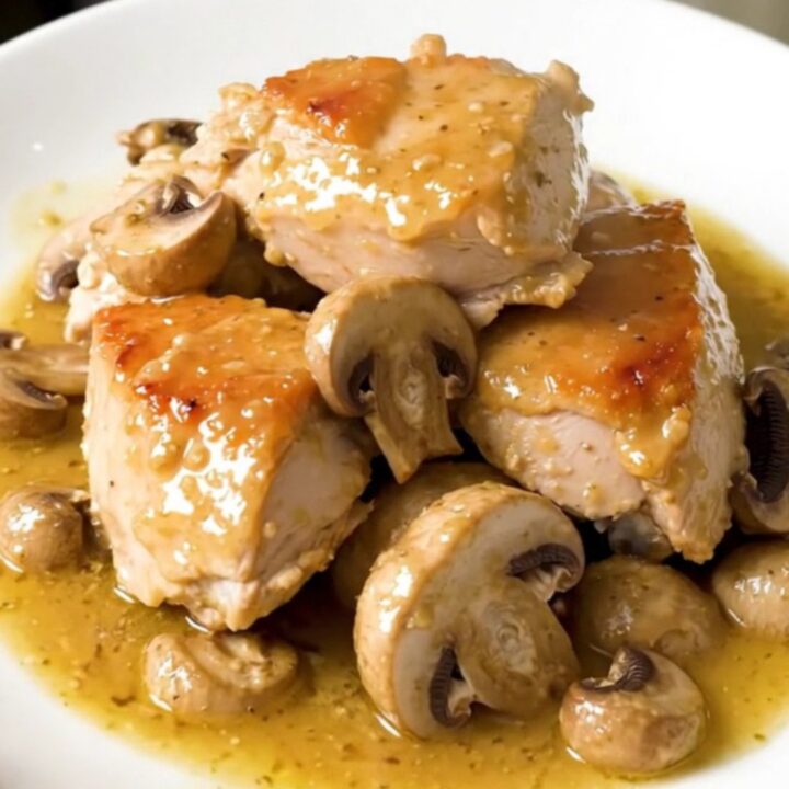 A close-up of the slow-cooked chicken and mushrooms served on a white plate with a glossy white wine sauce.