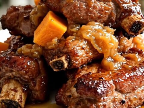 A close-up of tender, glossy pork ribs served with soft butternut squash on a white plate.
