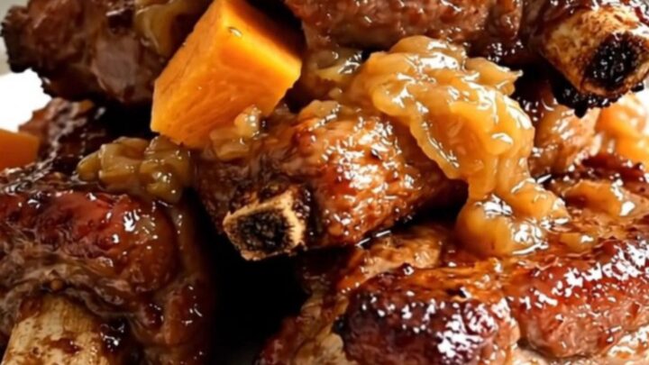 A close-up of tender, glossy pork ribs served with soft butternut squash on a white plate.