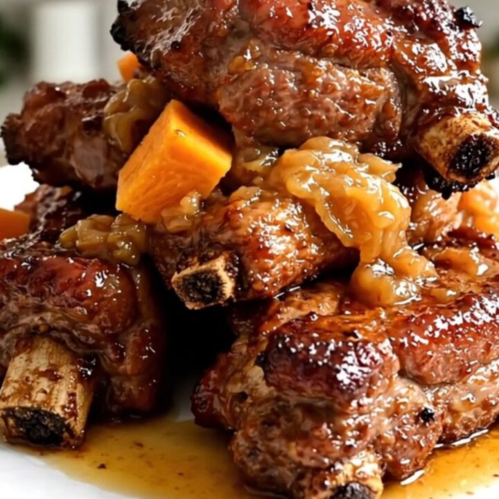 A close-up of tender, glossy pork ribs served with soft butternut squash on a white plate.
