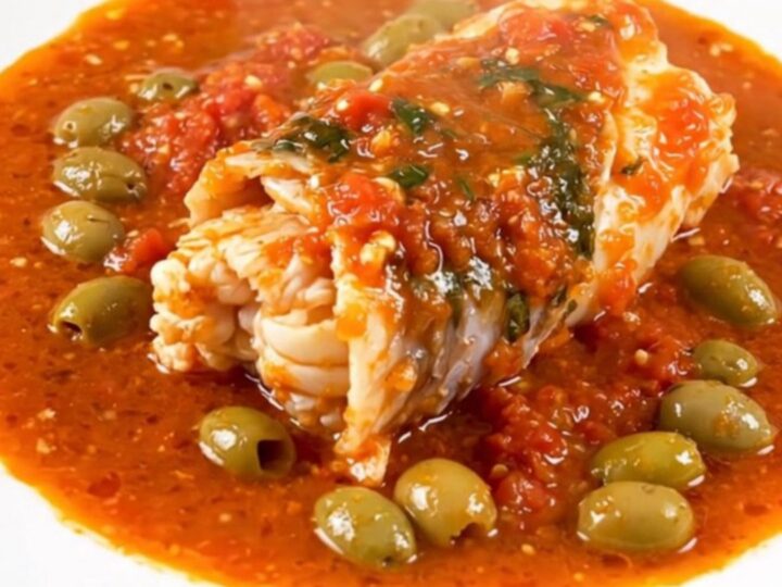 A close-up of monkfish stew in a slow cooker with visible tomatoes, capers, and green olives.
