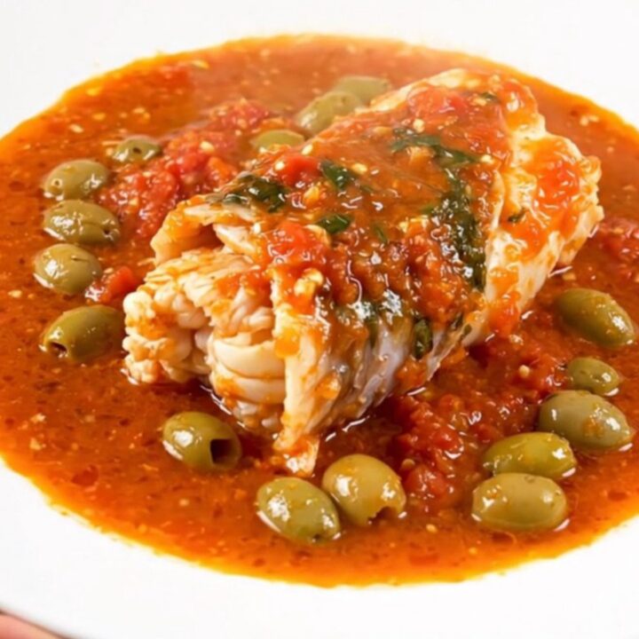 A close-up of monkfish stew in a slow cooker with visible tomatoes, capers, and green olives.