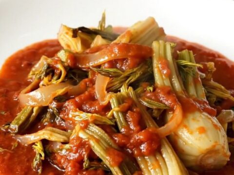 Close up of slow cooker braised fennel wedges in a rich, glossy tomato coulis sauce.