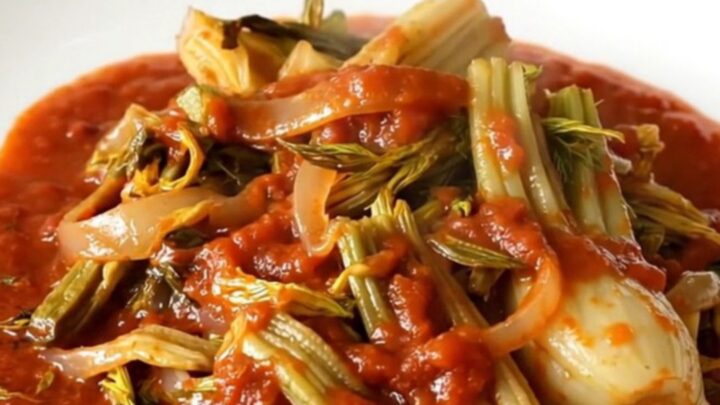 Close up of slow cooker braised fennel wedges in a rich, glossy tomato coulis sauce.