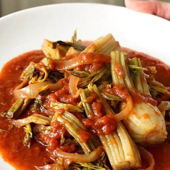 Close up of slow cooker braised fennel wedges in a rich, glossy tomato coulis sauce.
