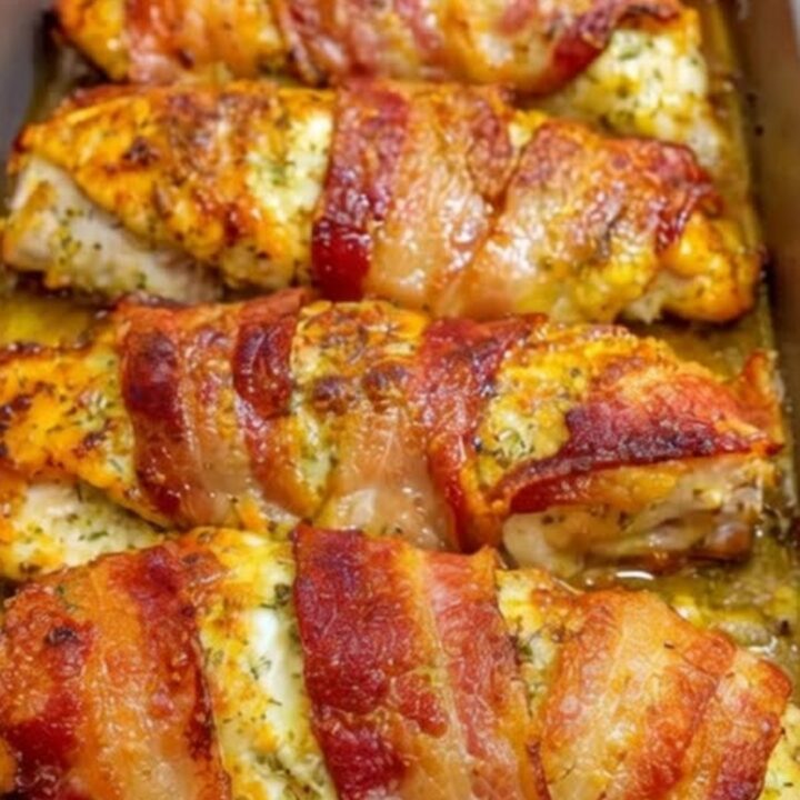 Crispy bacon wrapped chicken breasts served in a metal baking pan with golden brown edges.