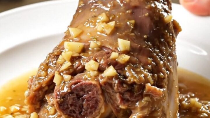 A close-up of a tender, glossy lamb shank on a white plate, coated in a rich garlic and rosemary sauce.