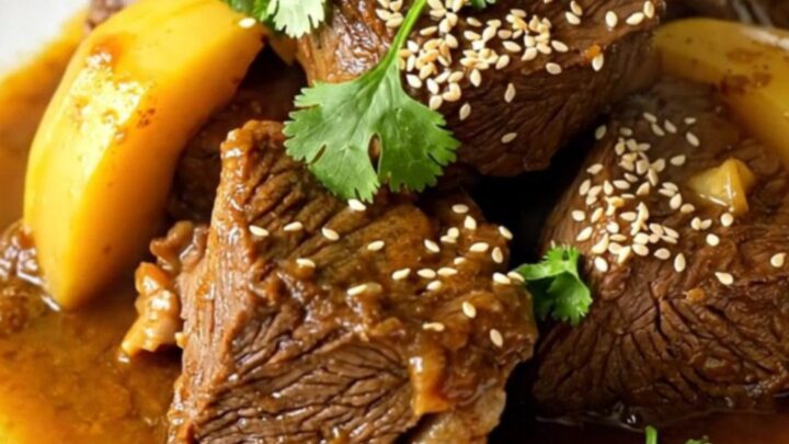 A close-up of a slow cooker beef tagine with quince and cinnamon served on a white plate.