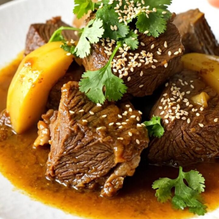 A close-up of a slow cooker beef tagine with quince and cinnamon served on a white plate.