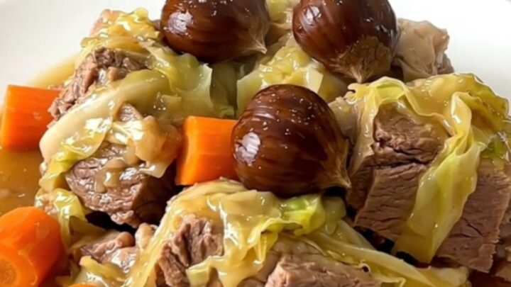 A rustic slow cooker potée with salt pork, sausages, cabbage, and chestnuts in a white bowl.