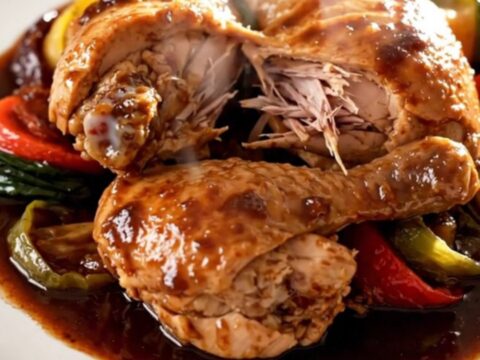 A rustic slow cooker coq au vin served on a white plate with visible chicken and carrots.