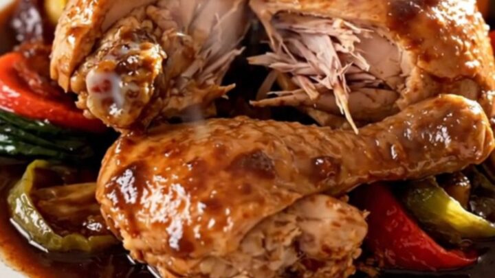 A rustic slow cooker coq au vin served on a white plate with visible chicken and carrots.