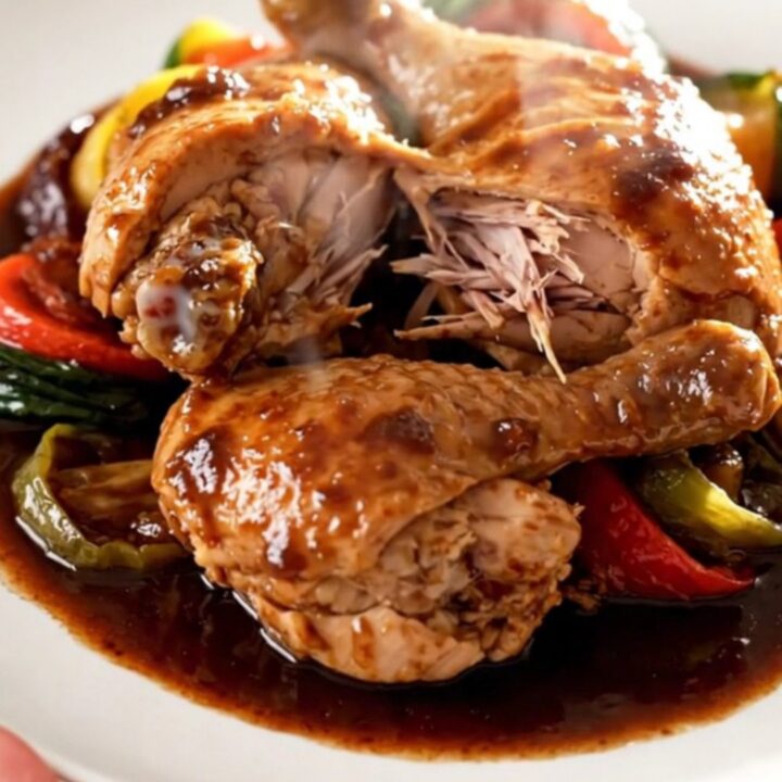 A rustic slow cooker coq au vin served on a white plate with visible chicken and carrots.