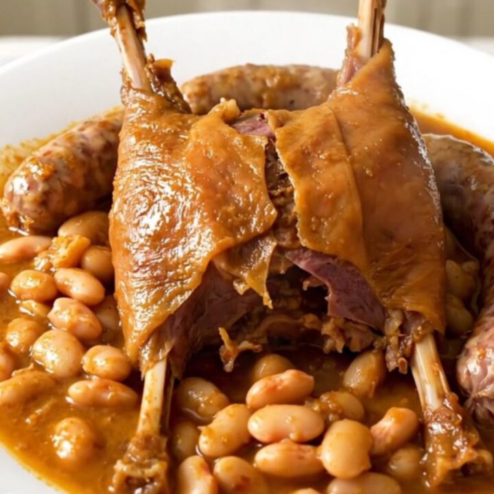 A rustic slow cooker filled with duck confit, sausages, and beans in a rich, glossy sauce.