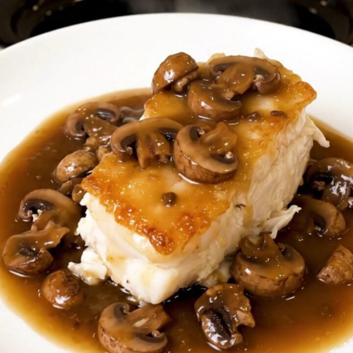 Tender white cod fillets topped with sliced mushrooms in a light cider broth served on a white plate.