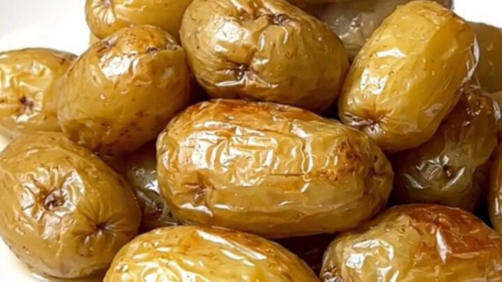 A close-up of tender, steaming boulangere potatoes served on a plain white plate with a soft-focus kitchen background.