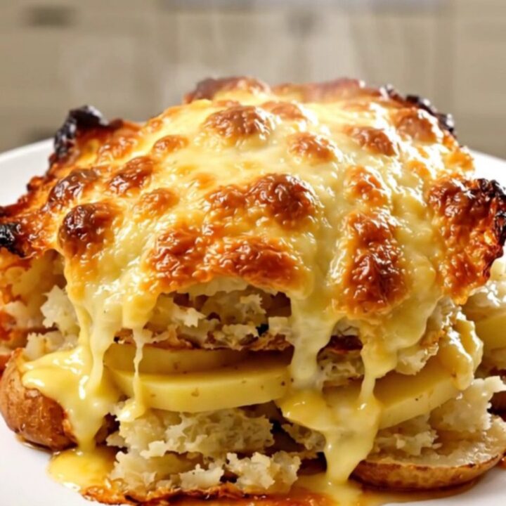 A top-down view of a slow cooker filled with layers of sliced potatoes, bacon, and cream, glowing under warm kitchen lights.